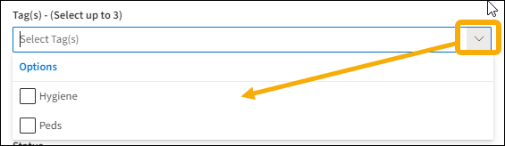 Tags section with yellow highlight box around the drop-down arrow and a yellow arrow pointing down to the selection options.